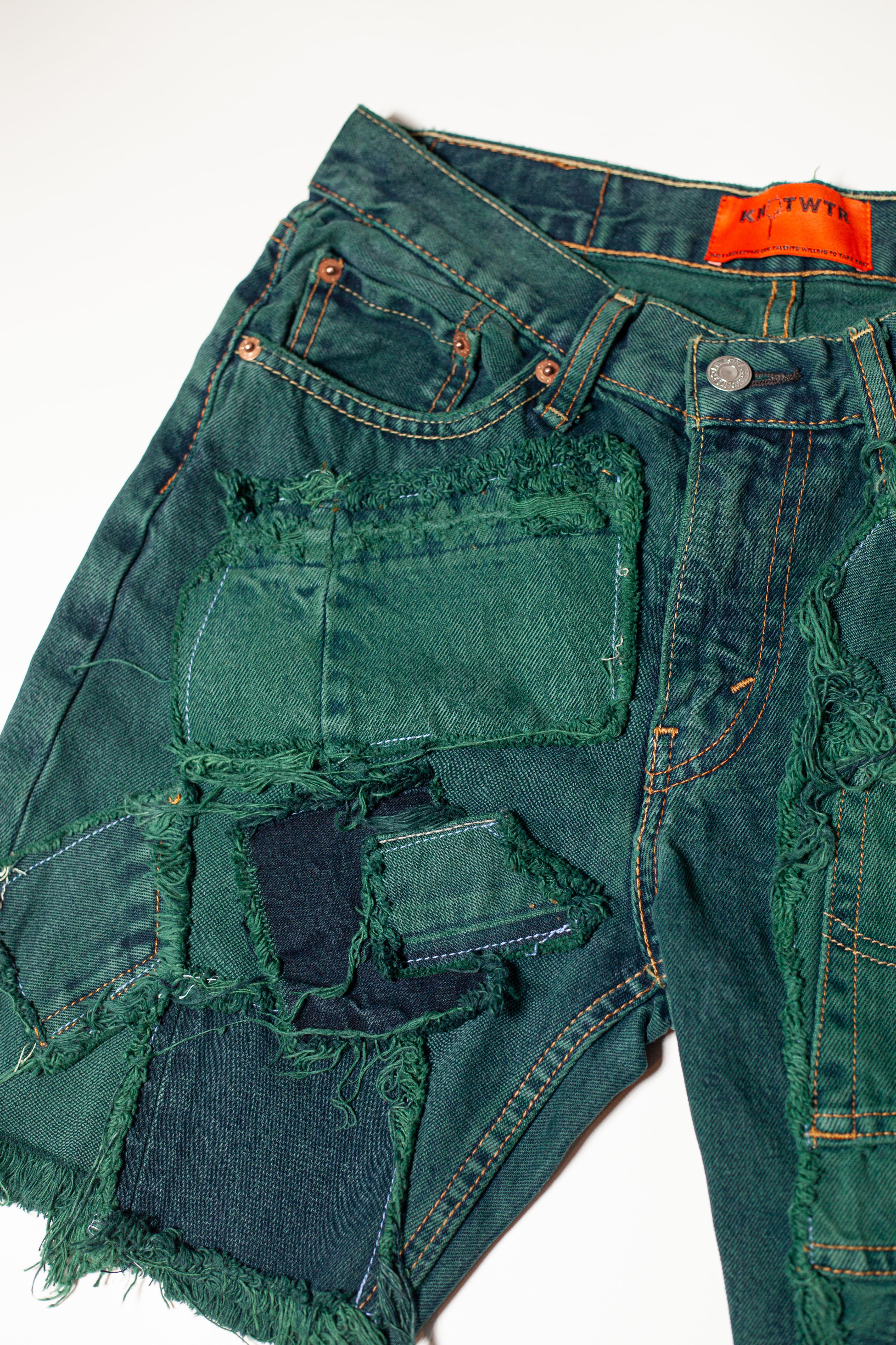 Green Patched Denim Shorts