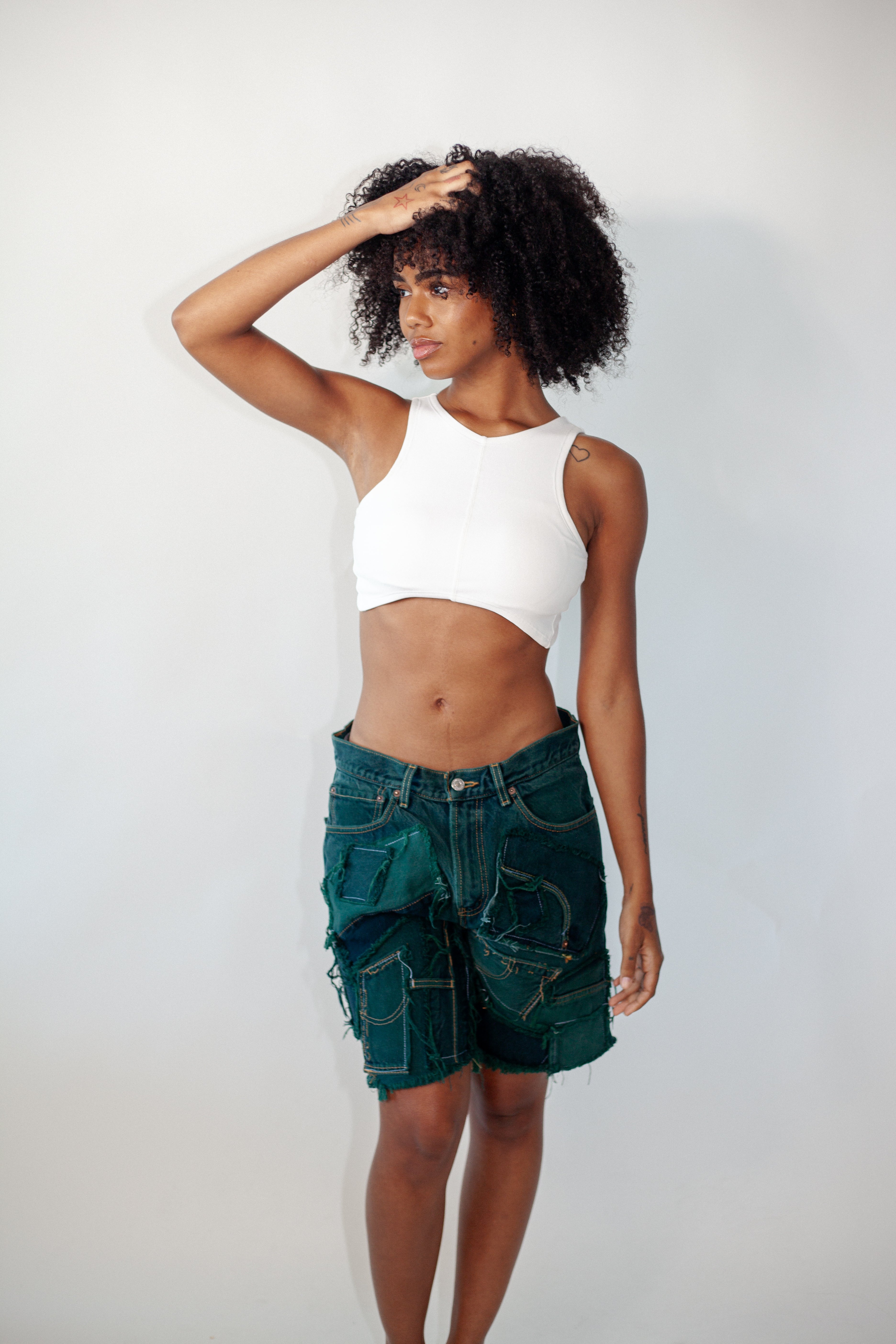 Green Patched Denim Shorts